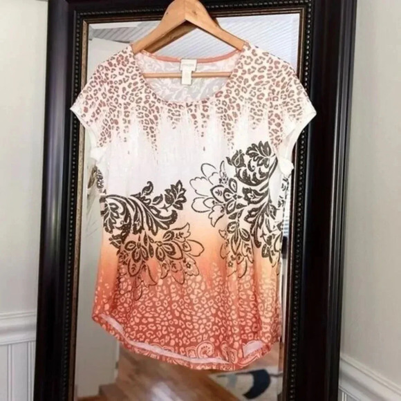 Chico’s Sequin Embellished Top Women’s Small Orange Ombre  Floral Print - Picture 1 of 5